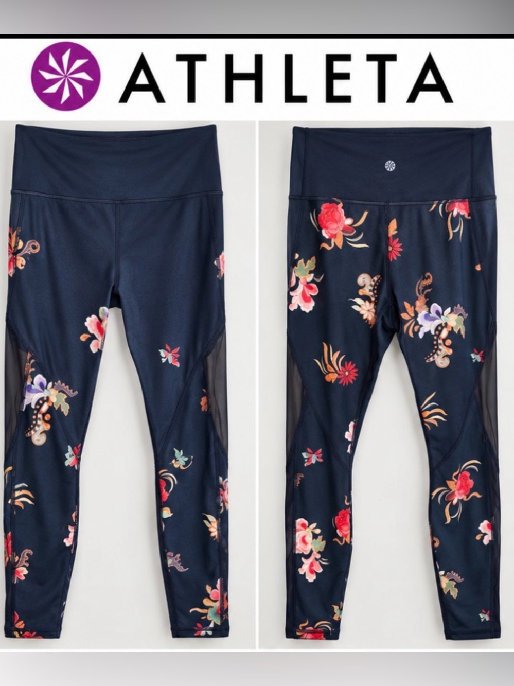 Athleta Chaturanga Floral Mesh Leggings Navy Multicolor Size L